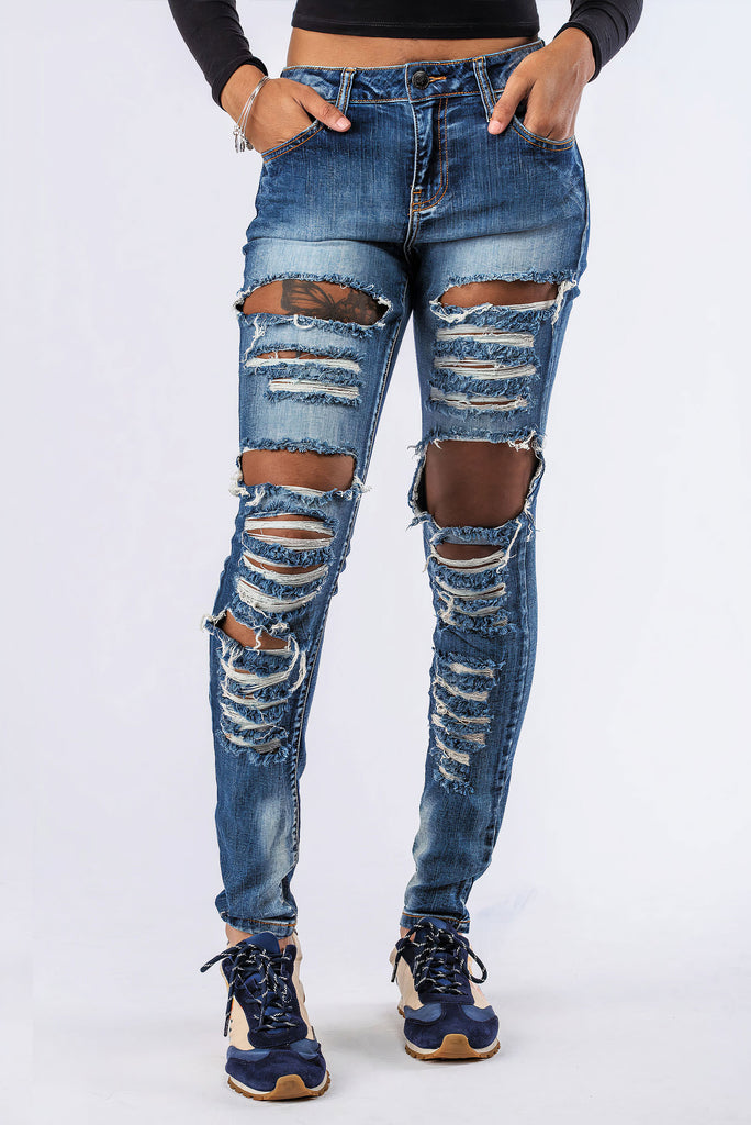 "Blu Rage-ripped Heavy Distressed high rise waist Skinny Jeans"